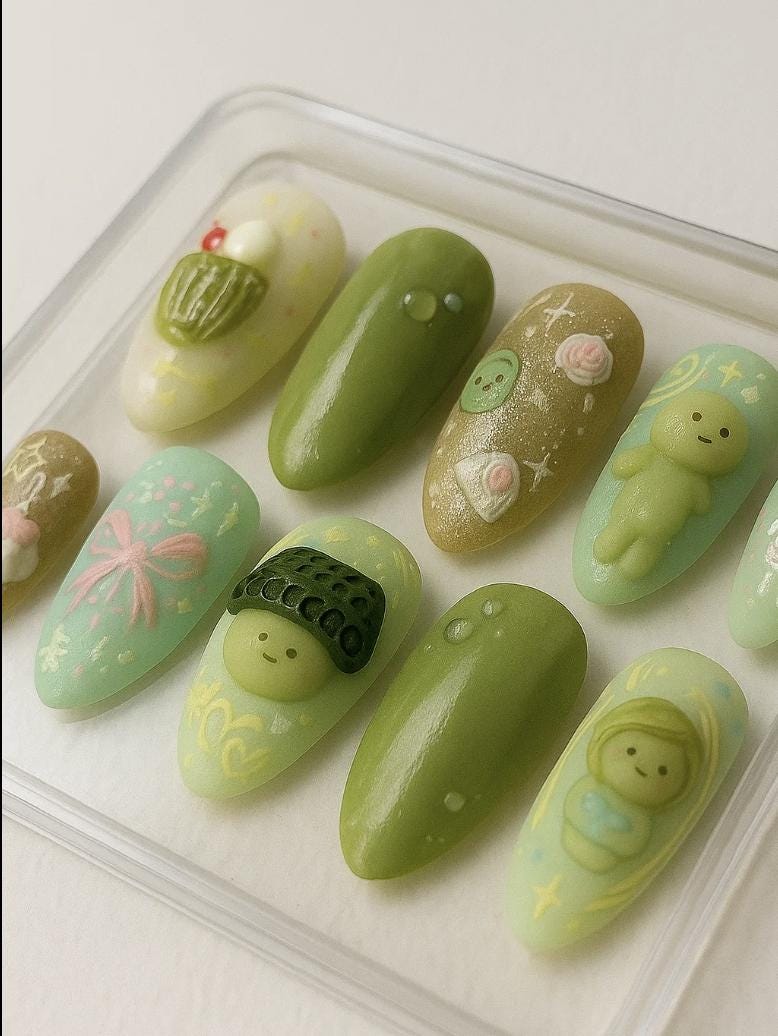 Smiski Kawaii press-on Nails: 3D Characters, Kidcore Pastel Details.