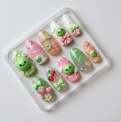 Smiski Nail Art; Handmade 3D Kawaii press-on Nails, Cute Glow Character Nail Set, Green Pink Pastel Design, Custom Japanese Inspired Nails.