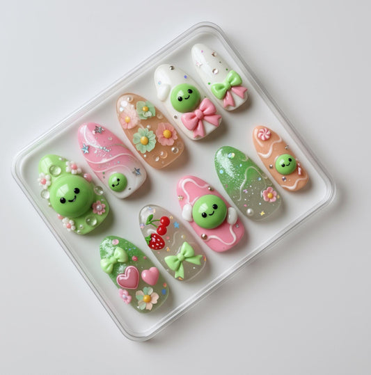 Smiski Nail Art; Handmade 3D Kawaii press-on Nails, Cute Glow Character Nail Set, Green Pink Pastel Design, Custom Japanese Inspired Nails.