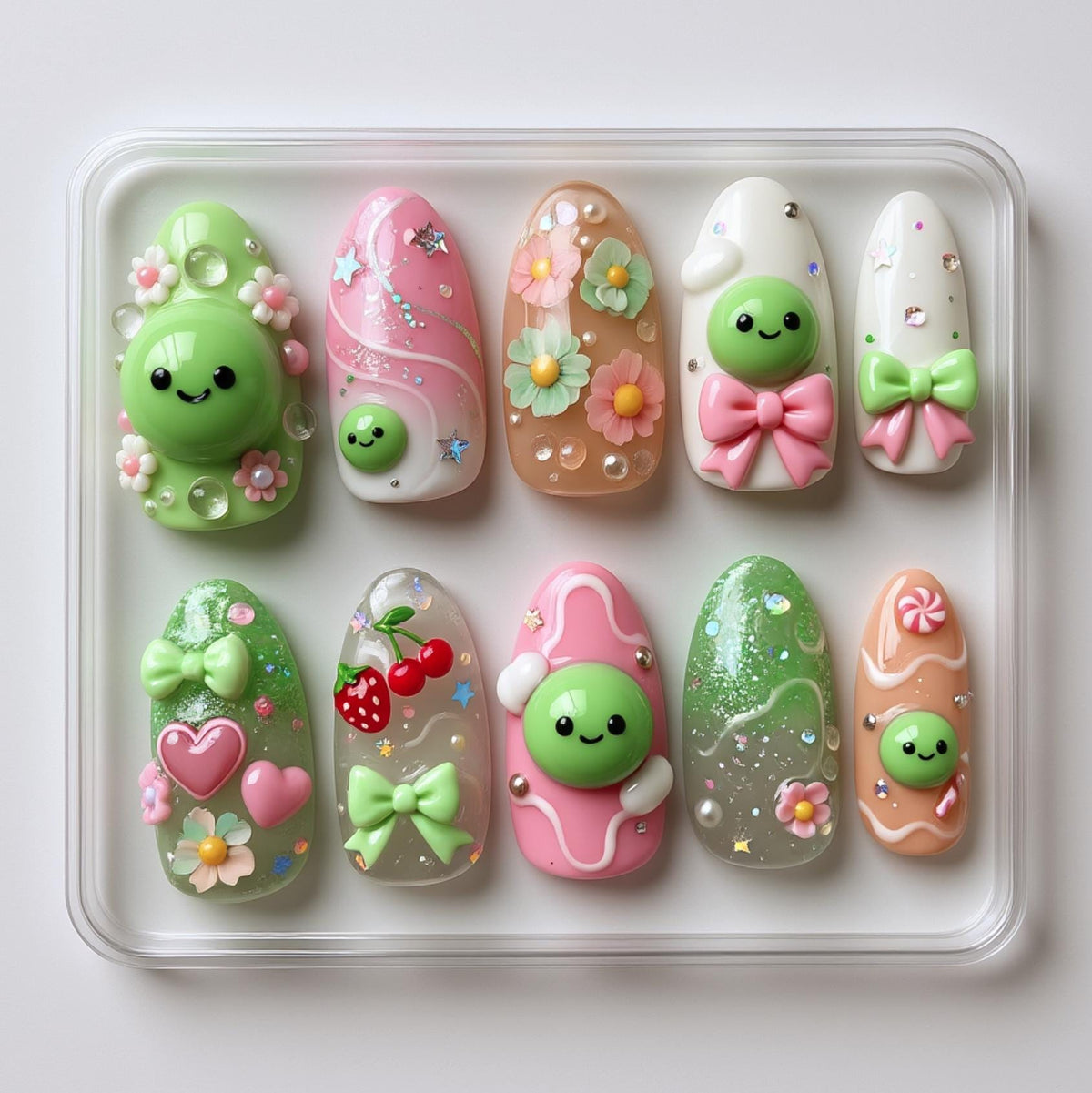 Smiski Nail Art; Handmade 3D Kawaii press-on Nails, Cute Glow Character Nail Set, Green Pink Pastel Design, Custom Japanese Inspired Nails.