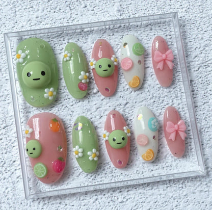 Smiski Nail Art; Handmade 3D Kawaii press-on Nails, Cute Pastel Fruit and Flower Nail Set, Green Pink Custom Character Nails.
