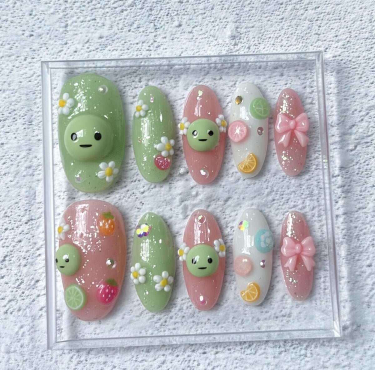 Smiski Nail Art; Handmade 3D Kawaii press-on Nails, Cute Pastel Fruit and Flower Nail Set, Green Pink Custom Character Nails.
