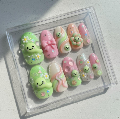 Smiski Nail Art; Handmade 3D Kawaii press-on Nails, Cute Pastel Green Pink Nail Set, Happy Character Nails, Custom Japanese Style Nail Tips.