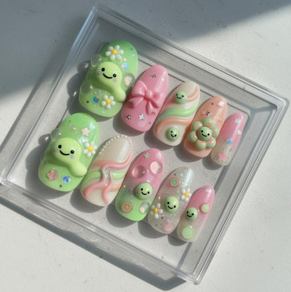 Smiski Nail Art; Handmade 3D Kawaii press-on Nails, Cute Pastel Green Pink Nail Set, Happy Character Nails, Custom Japanese Style Nail Tips.