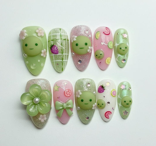 Smiski Nail Art; Handmade 3D Kawaii press-on Nails, Pastel Green Pink Flower and Fruit Nail Set, Cute Japanese Style Character Nails.