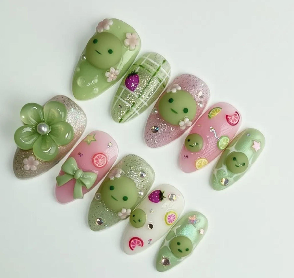 Smiski Nail Art; Handmade 3D Kawaii press-on Nails, Pastel Green Pink Flower and Fruit Nail Set, Cute Japanese Style Character Nails.