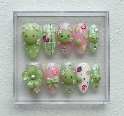 Smiski Nail Art; Handmade 3D Kawaii press-on Nails, Pastel Green Pink Flower and Fruit Nail Set, Cute Japanese Style Character Nails.