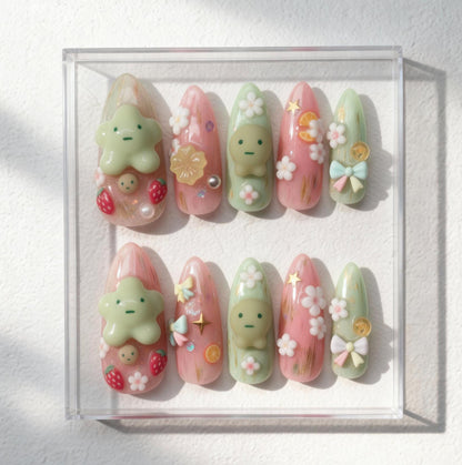 Smiski Nail Art; Handmade 3D Kawaii press-on Nails, Pastel Strawberry and Flower Nail Set, Cute Character Nails, Custom Japanese Style Tips.