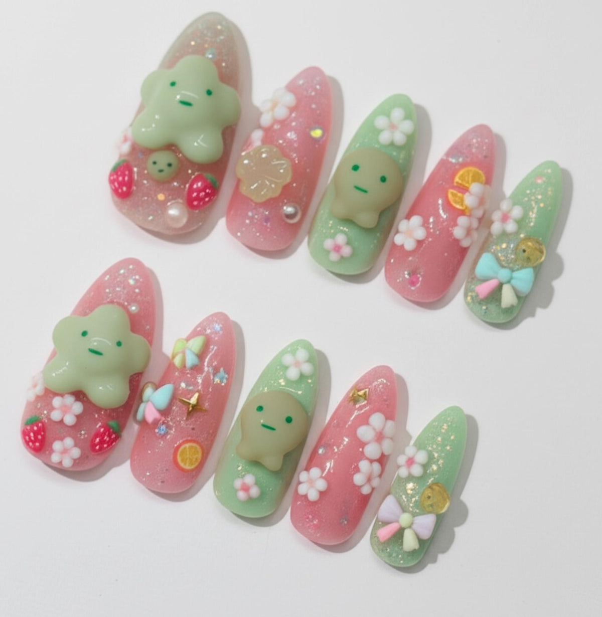 Smiski Nail Art; Handmade 3D Kawaii press-on Nails, Pastel Strawberry and Flower Nail Set, Cute Character Nails, Custom Japanese Style Tips.