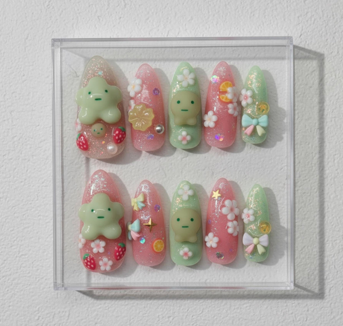 Smiski Nail Art; Handmade 3D Kawaii press-on Nails, Pastel Strawberry and Flower Nail Set, Cute Character Nails, Custom Japanese Style Tips.