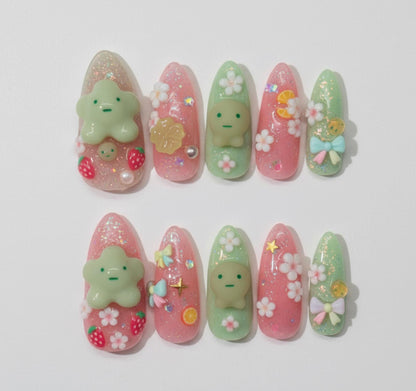 Smiski Nail Art; Handmade 3D Kawaii press-on Nails, Pastel Strawberry and Flower Nail Set, Cute Character Nails, Custom Japanese Style Tips.
