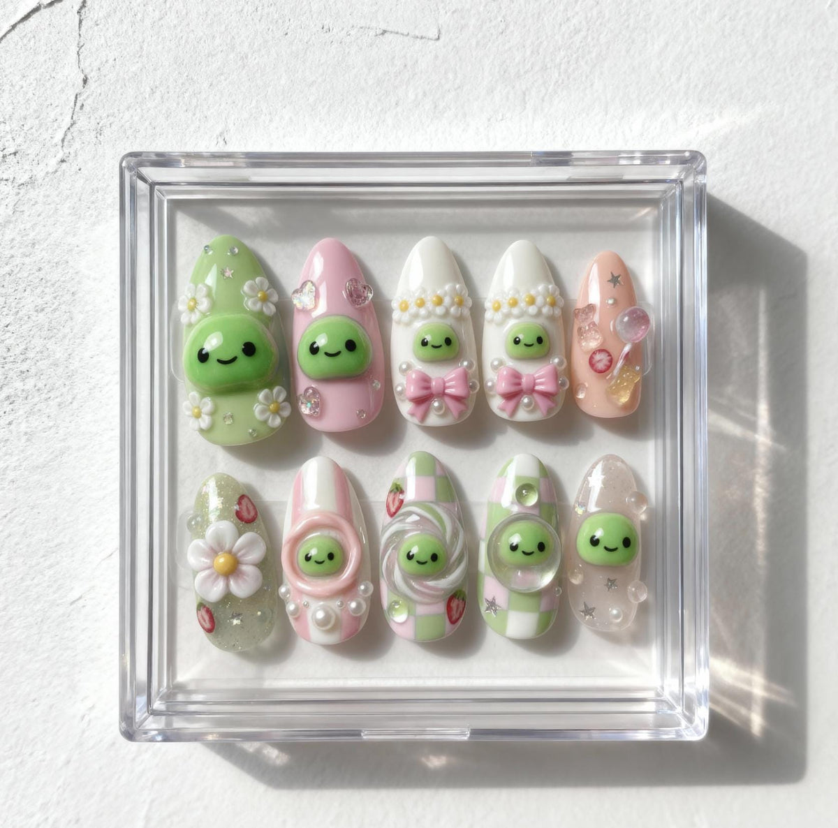 Smiski Nail Art; Handmade Kawaii 3D press-on Nails, Cute Pastel Green Pink Nail Set, Character Inspired Nails, Custom Japanese Nail Design.