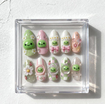 Smiski Nail Art; Handmade Kawaii 3D press-on Nails, Cute Pastel Green Pink Nail Set, Character Inspired Nails, Custom Japanese Nail Design.