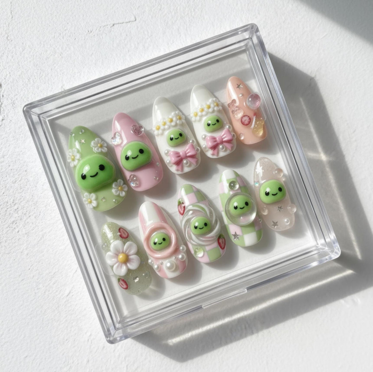 Smiski Nail Art; Handmade Kawaii 3D press-on Nails, Cute Pastel Green Pink Nail Set, Character Inspired Nails, Custom Japanese Nail Design.