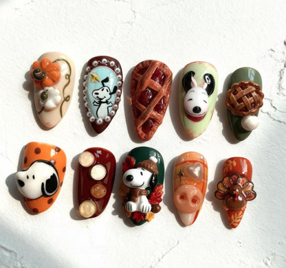 Snoopy Autumn Thanksgiving press-on Nails; 3D Pie and Pumpkin Nail Art.