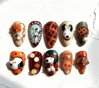 Snoopy Autumn Thanksgiving press-on Nails; 3D Pie and Pumpkin Nail Art.