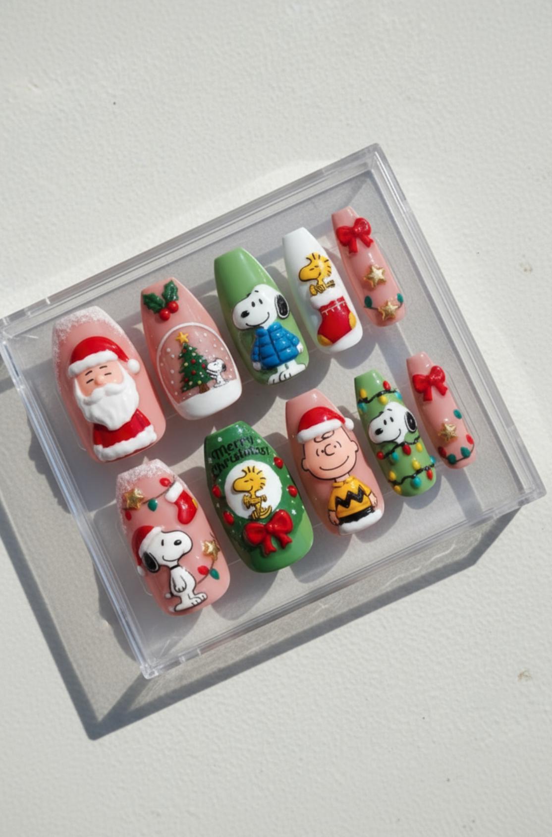 Snoopy Christmas Nails; Handmade 3D Peanuts Holiday press-on Nail Set, Cute Santa and Christmas Tree Nails with Snoopy and Charlie Brown.