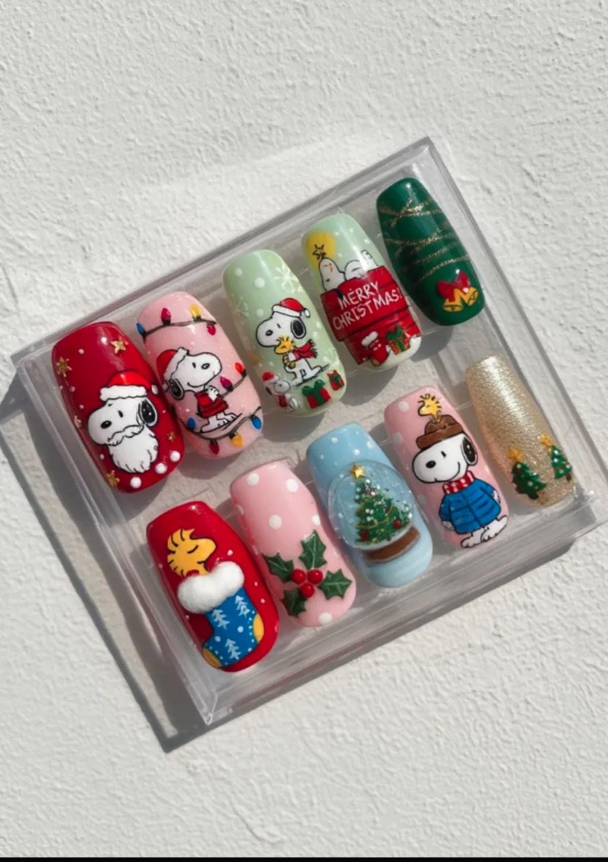 Snoopy Christmas Nails; Handmade 3D Peanuts Holiday press-on Nail Set, Cute Winter Nails with Snoopy, Woodstock and Christmas Tree Designs.