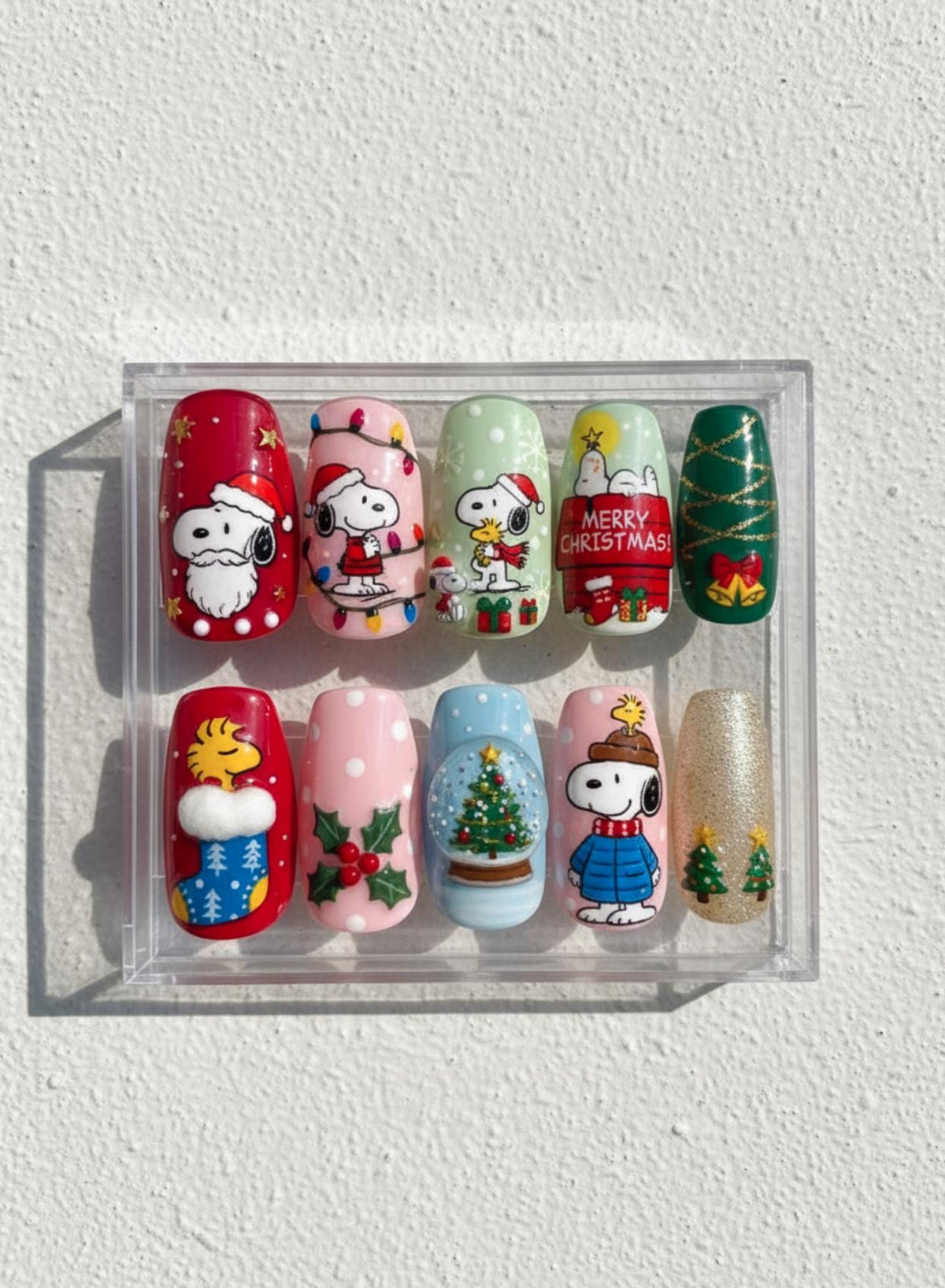 Snoopy Christmas Nails; Handmade 3D Peanuts Holiday press-on Nail Set, Cute Winter Nails with Snoopy, Woodstock and Christmas Tree Designs.