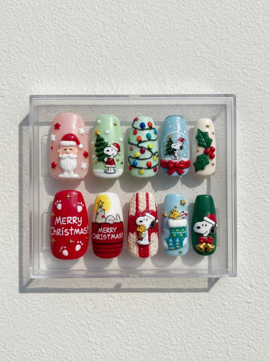 Snoopy Christmas Nails; Handmade 3D Peanuts press-on Nail Set, Cute Holiday Nails with Snoopy, Woodstock, and Christmas Tree Designs.