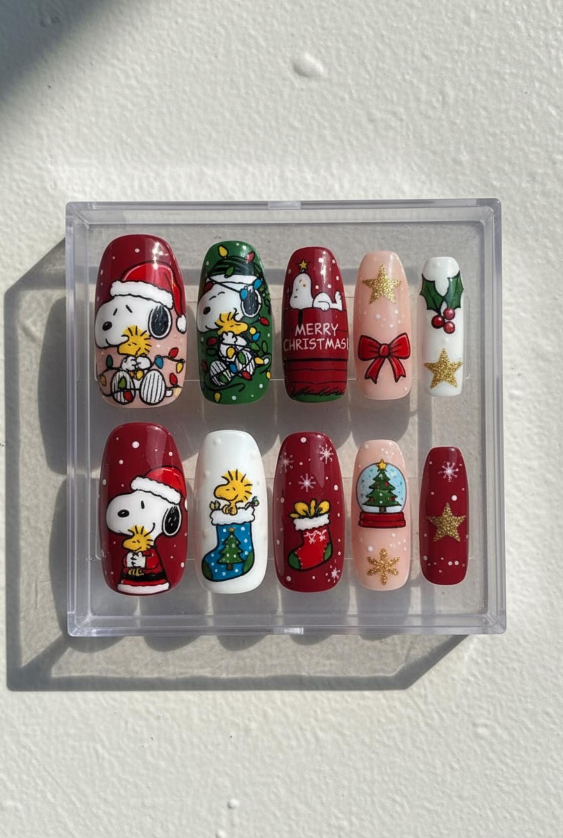 Snoopy Christmas Nails, Peanuts Holiday press-on Nail Set, Handmade Red and Green Festive Nails Snoopy, Woodstock, Christmas Tree Designs.