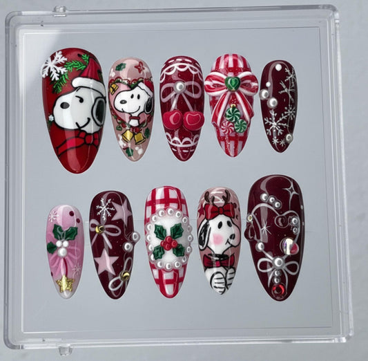 Snoopy Inspired Christmas press-on Nails; Red and Pink Holiday Nails, 3D Bow, Candy, Snowflakes, Handmade Fake Nails, Gift for Her.