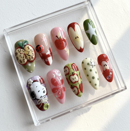 Snoopy Retro Apple Nail Art Set; Handmade Cute press-on Nails, Snoopy Inspired Nails, Kawaii Red Green Nail Design, 3D Fruit Nails.