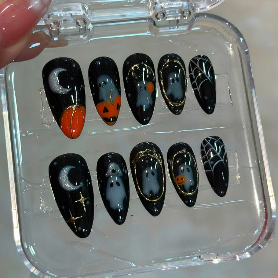 Spooky Halloween press-on Nails, Ghost and Pumpkin Acrylic Nails, Cute Gold Frame Fake Nails with Web Design, Handmade Halloween Nail Art.