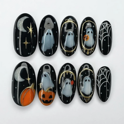Spooky Halloween press-on Nails, Ghost and Pumpkin Acrylic Nails, Cute Gold Frame Fake Nails with Web Design, Handmade Halloween Nail Art.