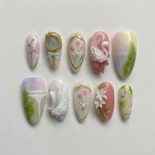Spring Garden Swan 3D Nails, Floral Fairy Handmade Nails, Pastel Tulip Nature Nail Art, Picnic Vacation Nails.