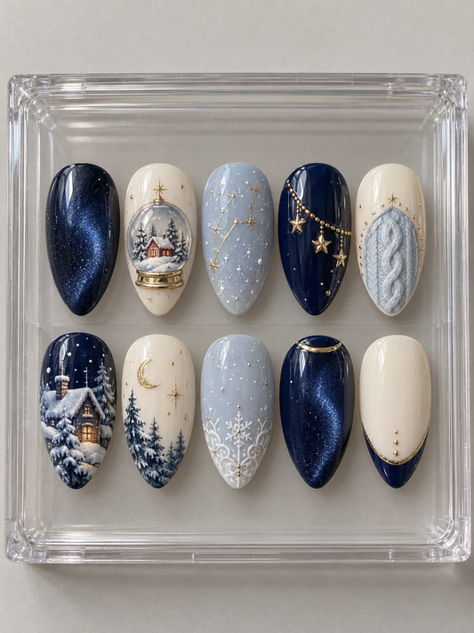 AI design mockup: Ten navy, pale-blue and ivory Christmas press-on nails with snow globe, snowy cottages, fir trees, moon, gold-colour stars and knit detail.
