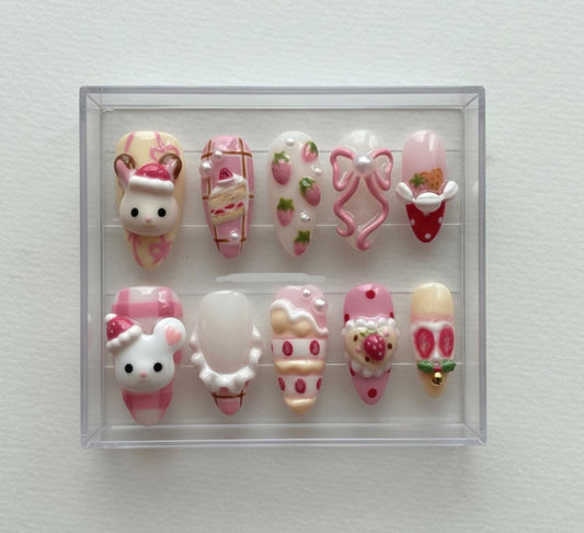 Strawberry Bunny press-on Nails; Cute Pink Dessert Nails.