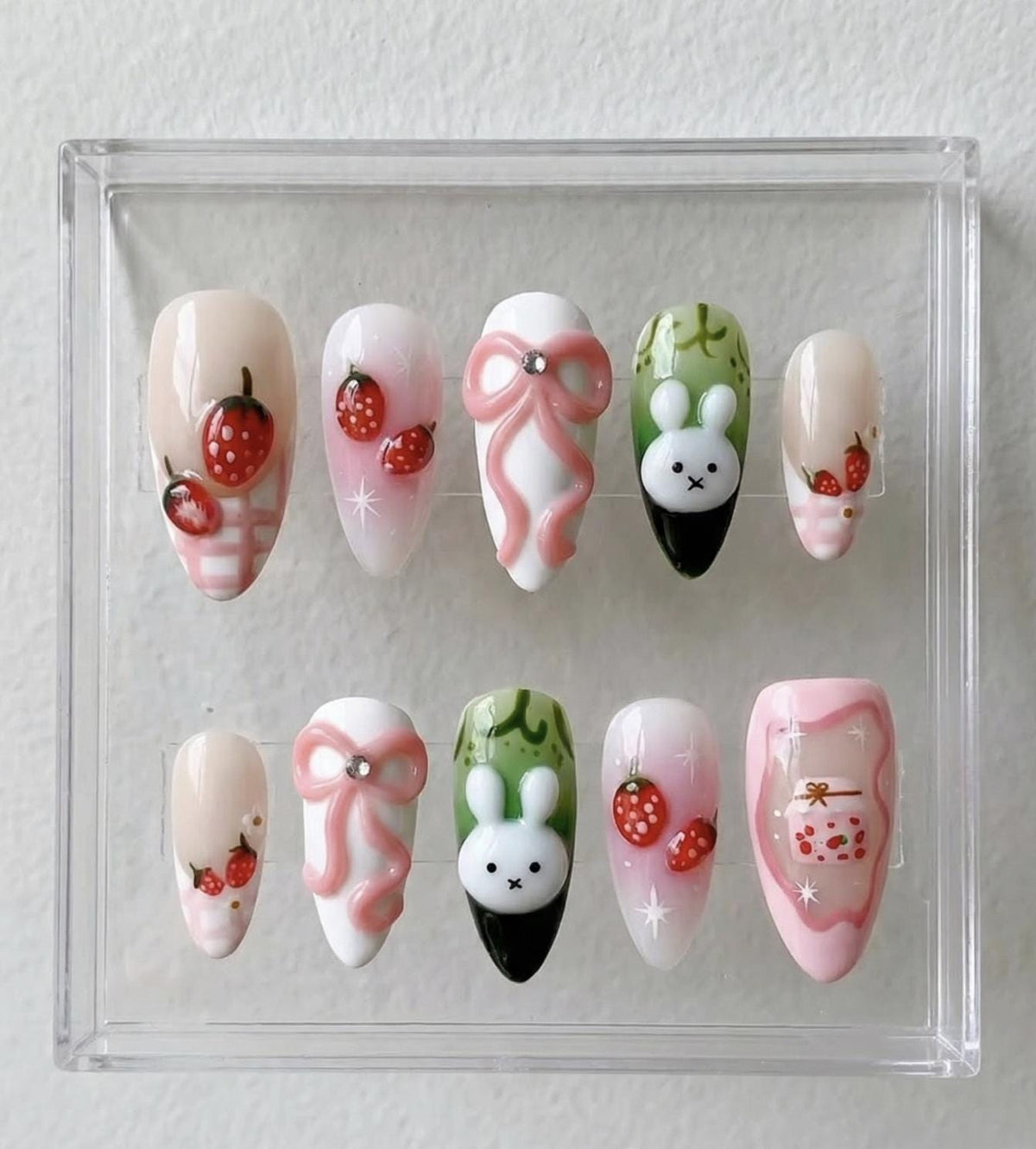 Strawberry Bunny press-on Nails; Kawaii Bunny Nails.
