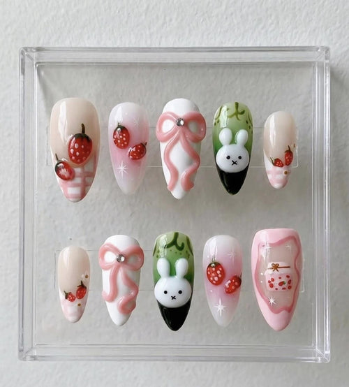Strawberry Bunny press-on Nails; Kawaii Bunny Nails.