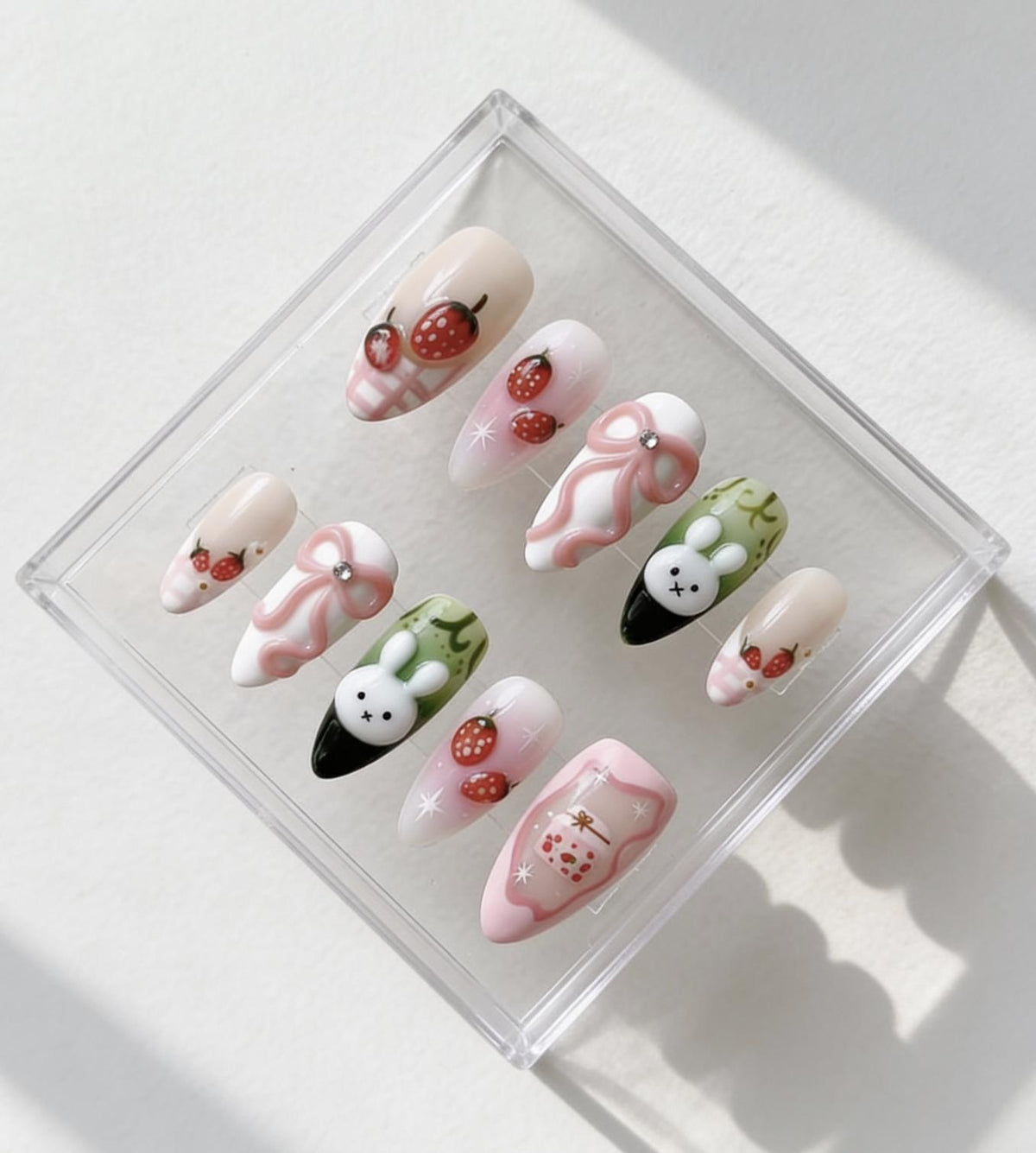 Strawberry Bunny press-on Nails; Kawaii Bunny Nails.