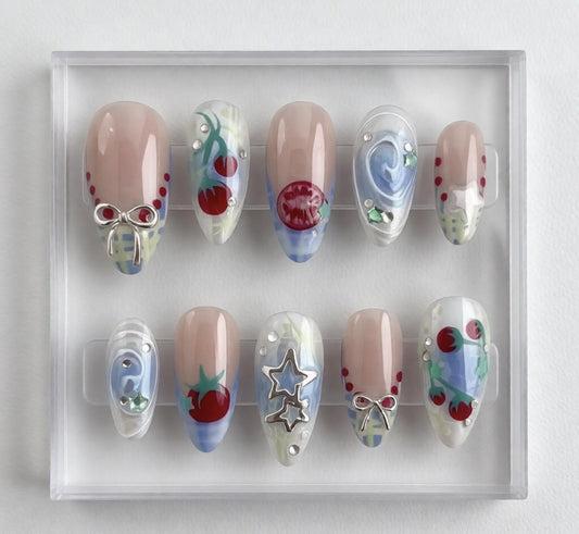 Tomato Ribbon press-on Nails; Pastel Kitchencore Nail Art.