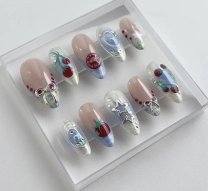 Tomato Ribbon press-on Nails; Pastel Kitchencore Nail Art.