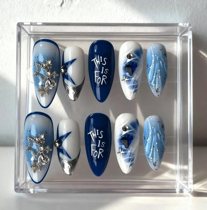 TWICE Blue Silver Concert Nails; Handmade 3D press-on Nails with Stars, Hearts and “This Is For” Design.