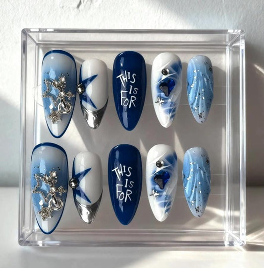 TWICE Blue Silver Concert Nails; Handmade 3D press-on Nails with Stars, Hearts and “This Is For” Design.