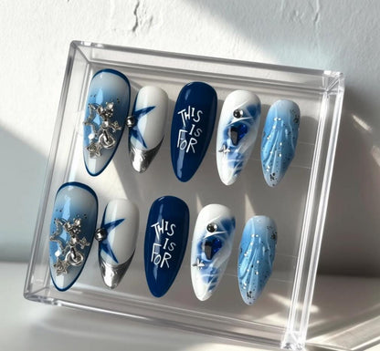 TWICE Blue Silver Concert Nails; Handmade 3D press-on Nails with Stars, Hearts and “This Is For” Design.