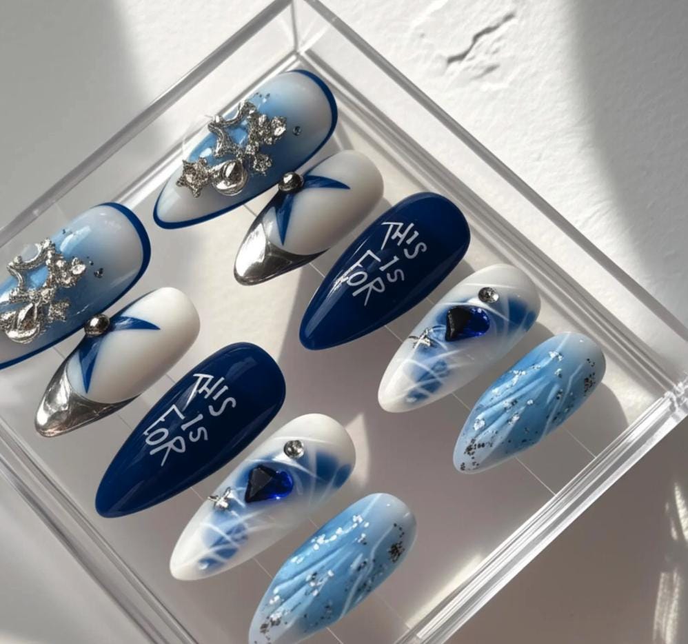TWICE Blue Silver Concert Nails; Handmade 3D press-on Nails with Stars, Hearts and “This Is For” Design.