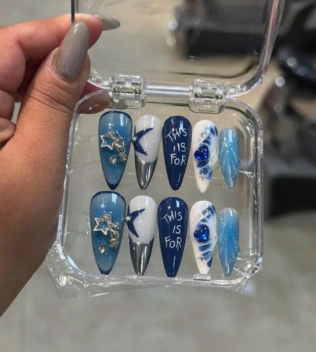 TWICE Blue Silver Concert Nails; Handmade 3D press-on Nails with Stars, Hearts and “This Is For” Design.