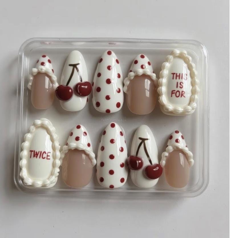 TWICE Cherry K-Pop press-on Nails; Handmade Cute Red Polka Dot Nail Set, TWICE Inspired Nails, Cream Frame Design.