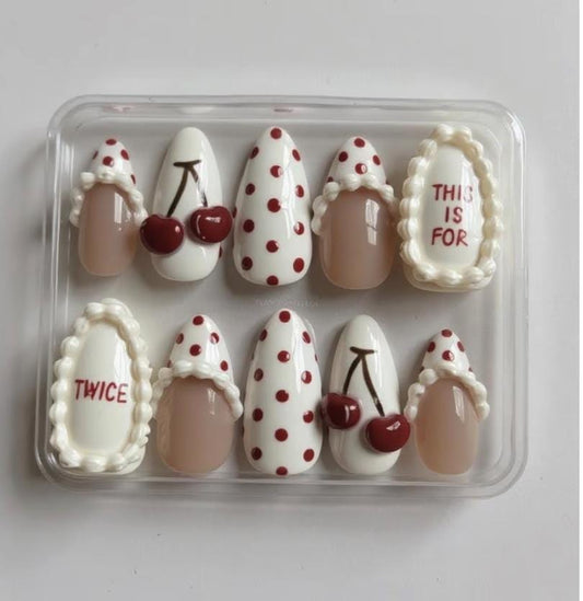 TWICE Cherry K-Pop press-on Nails; Handmade Cute Red Polka Dot Nail Set, TWICE Inspired Nails, Cream Frame Design.