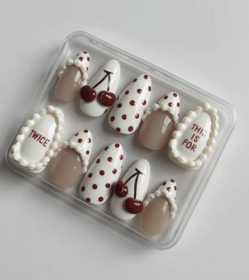 TWICE Cherry K-Pop press-on Nails; Handmade Cute Red Polka Dot Nail Set, TWICE Inspired Nails, Cream Frame Design.