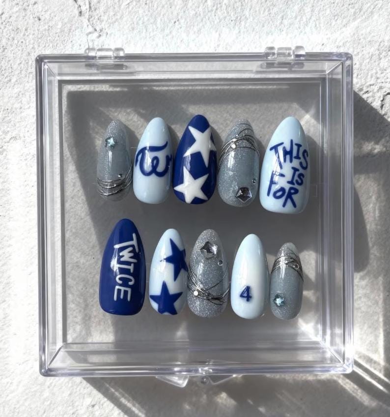 TWICE K-Pop Inspired press-on Nails; Handmade Blue Silver Nail Art Set, TWICE Fandom Nails, Custom Reusable Nails, Concert Nail Set.