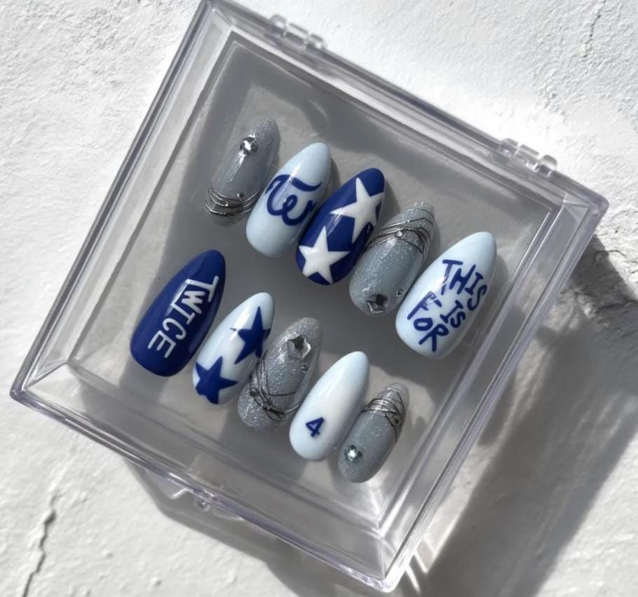 TWICE K-Pop Inspired press-on Nails; Handmade Blue Silver Nail Art Set, TWICE Fandom Nails, Custom Reusable Nails, Concert Nail Set.