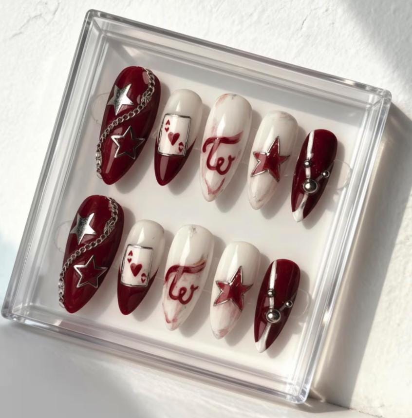 TWICE Red and White Nails; Handmade 3D press-on Nails Inspired by TWICE Concert “Ready To Be” Style.