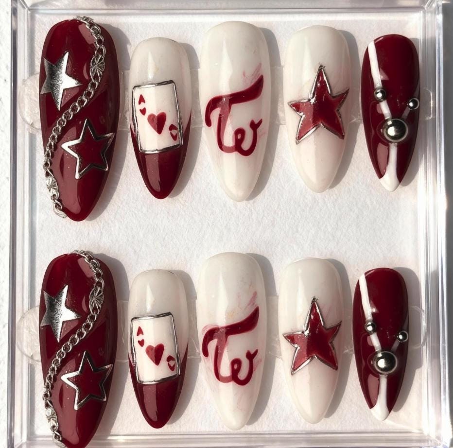 TWICE Red and White Nails; Handmade 3D press-on Nails Inspired by TWICE Concert “Ready To Be” Style.