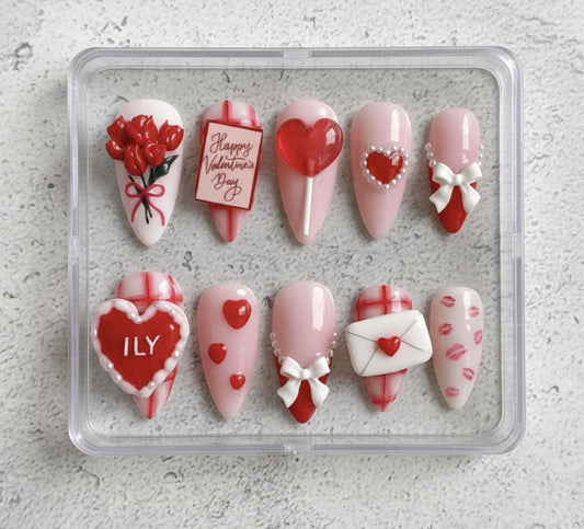 Valentine Love Letter press-on Nails; Pink Heart Nails.